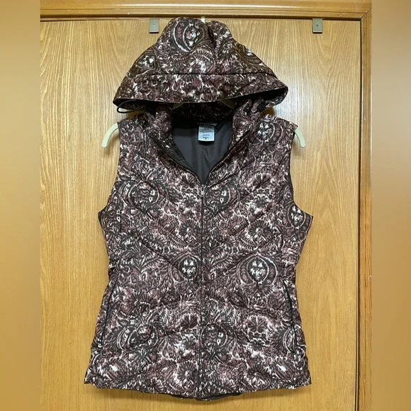 Patagonia Brown Paisley Hooded Down Puffer Vest Zip Up Women’s Size Medium - Picture 2 of 11